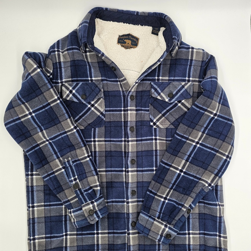 Freedom Foundry Men's Plaid Sherpa‎ Lined Flannel Jacket Large Blue Grey White